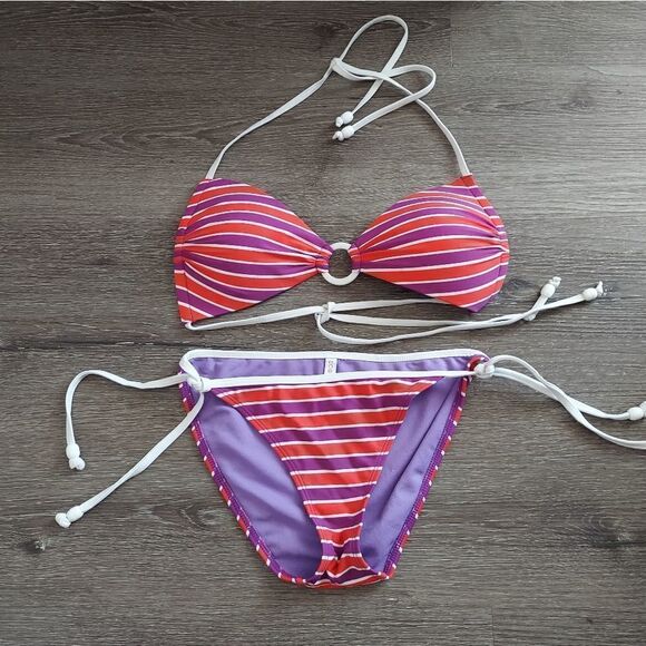 Eco Peace by Aqua Green Striped Purple White Red Bikini Set Small - Picture 1 of 10